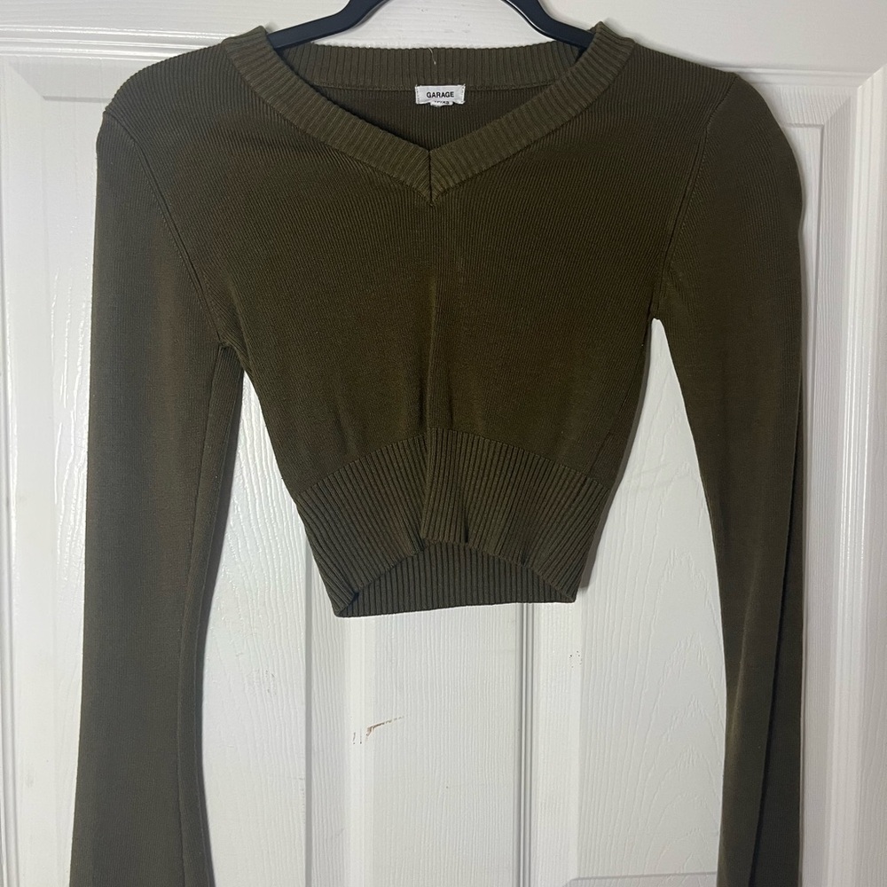 Garage Black and White Long Sleeve Fitted Crop Blouse